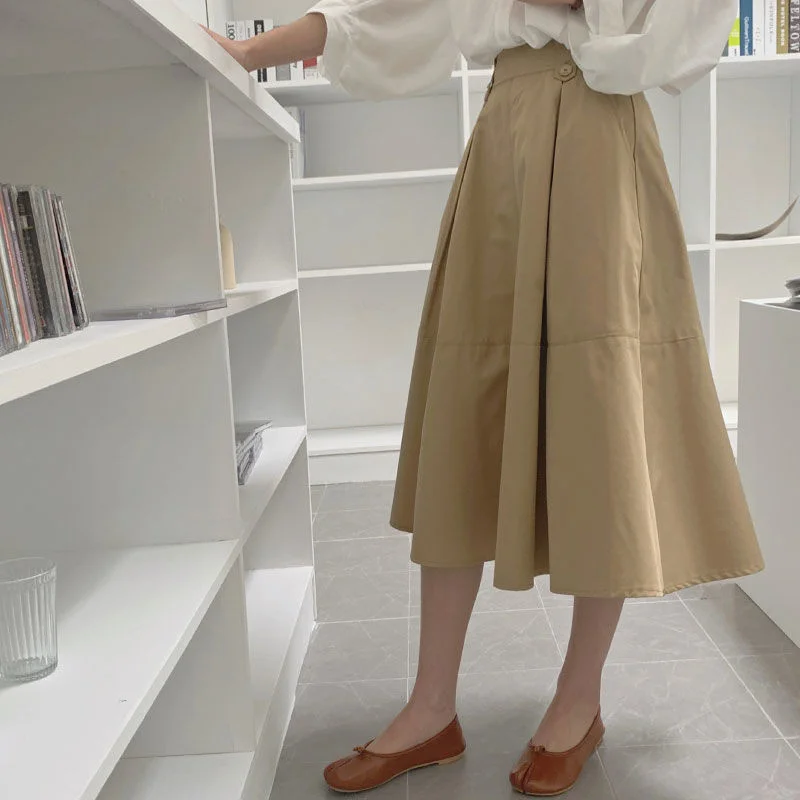 

French Temperament Solid Color Loose Pleated Skirt A-line Umbrella Skirt Medium Length Skirt Streetwear Japan Kawaii Clothing