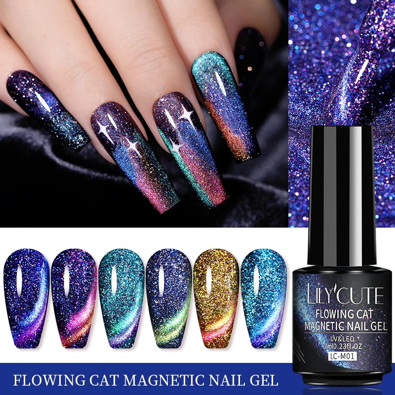 

LILYCUTE 7ml Flowing Cat Magnetic Gel Polish Semi Permanent Glitter Magnetic Nail Gel Soak Off UV Gel Nail Art Gel Varnish