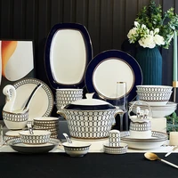 12243660 pieces blue striped simple ceramic tableware set with dinner plate dessert bowl soup pot spoon set