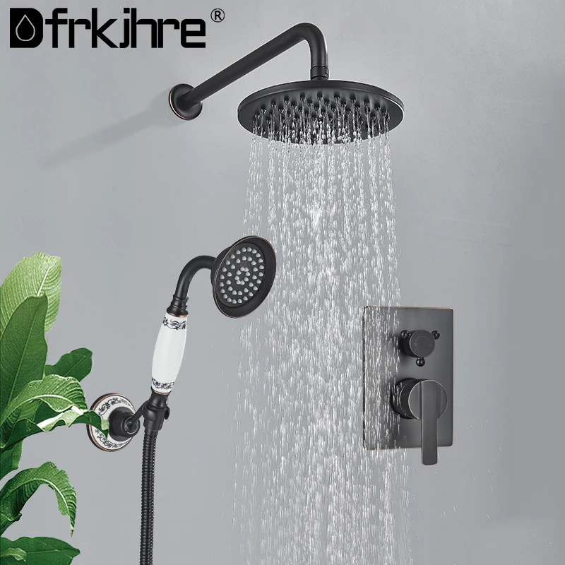 

Bathroom Antique Copper Shower Faucet Set Concealed Rainfall Shower Head Faucets With Handheld Shower Bath Shower Mixer Faucet