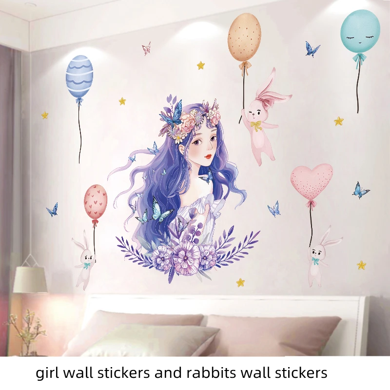 

Cartoon Girl Butterflies Wall Stickers DIY Rabbits Balloons Mural Decals for Baby Room Kids Bedroom Nursery Home Decoration