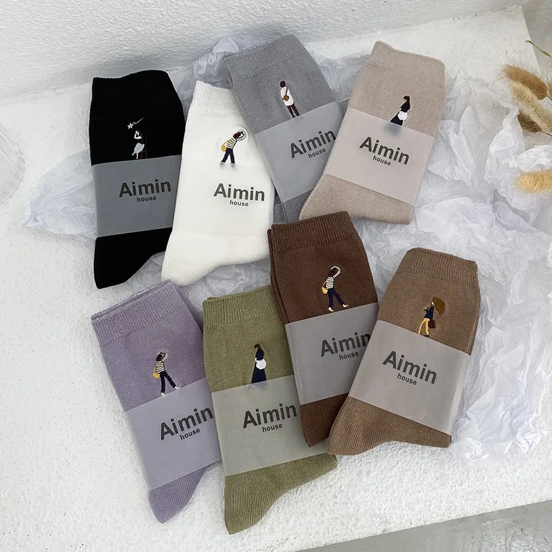 

Cute Women Socks New Fashion Cotton Cartoon Embroidery Retro Long Socks Solid Color Japanese Style Breathable Soft Absorb Sweat