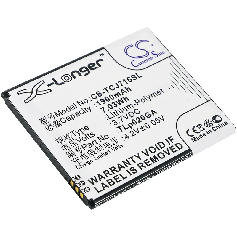 

Аккумулятор CS 1900mAh / 7.03Wh для TCL J716D TLp020GA