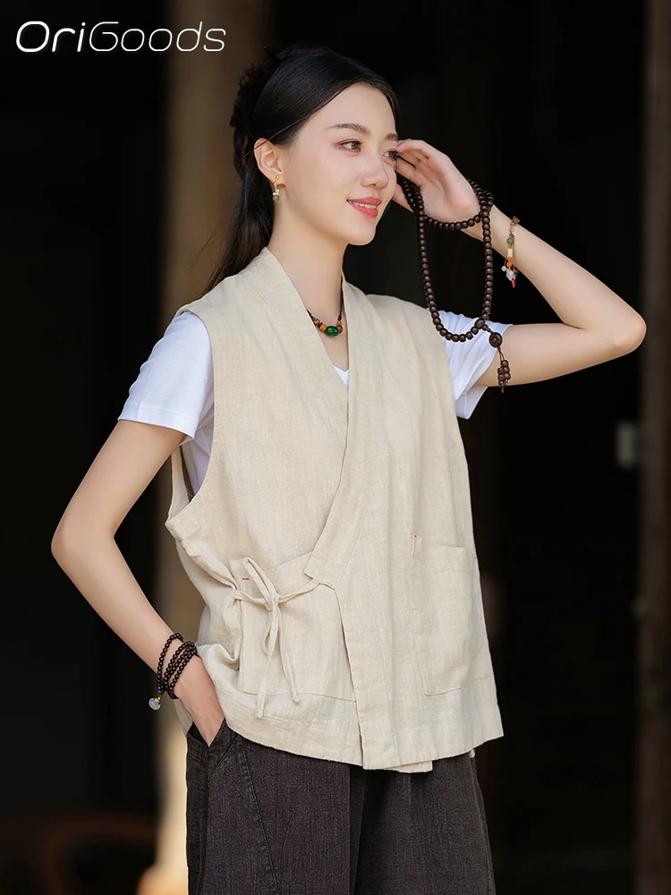 OriGoods Ramie жилет женский рубашка без рукавов в китайском стиле 2024 новый свободный