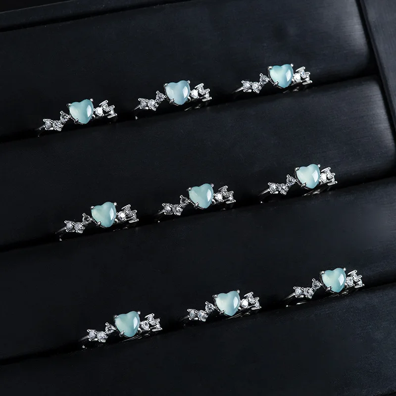 S925 Ssilver инкрустированное натуральным A-класса нефрит синяя вода любовь кольцо