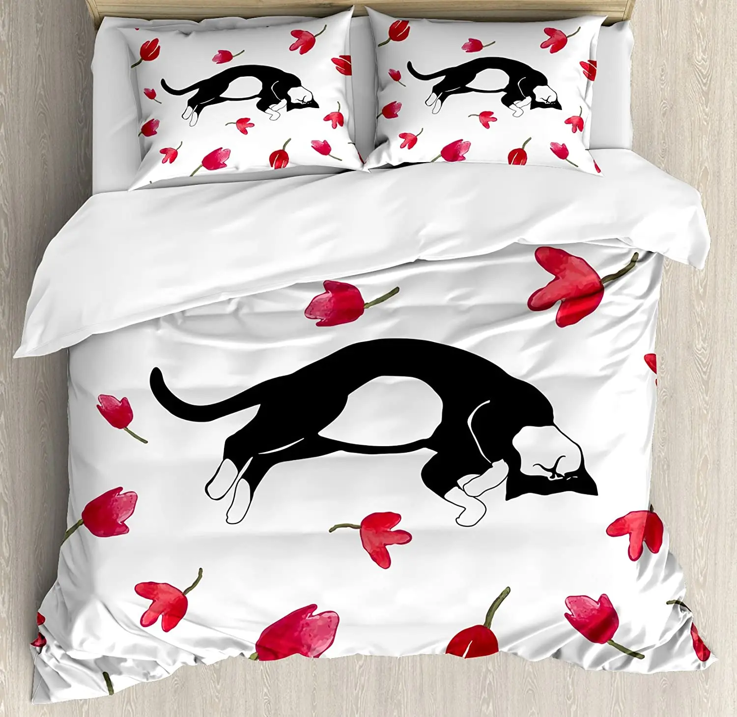 

Modern Bedding Set Cute Kitty Sleeping Surrounded by Tulips 3pcs Duvet Cover Set Bed Set Quilt Cover Pillow Case Comforter Cover