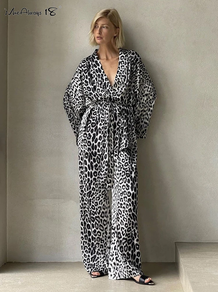 Mnealways18 штаны с леопардовым принтом комплекты женской домашней одежды 2024 блузки