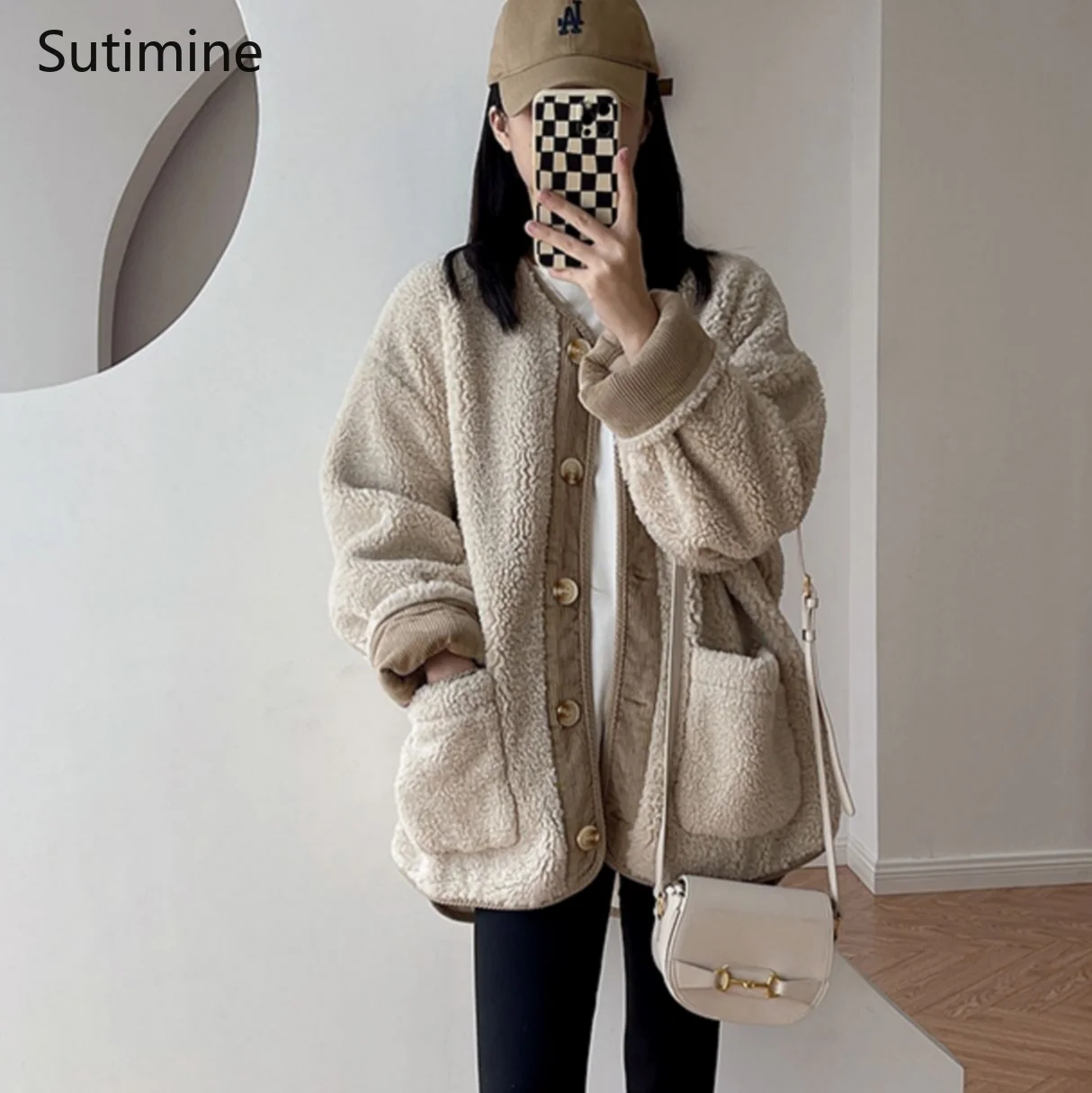 Winter Clothes Women Office Lady Korean O-Neck Loose Splicing Corduroy Lamb Wool Cotton Coat Women Single Breasted Coat Women