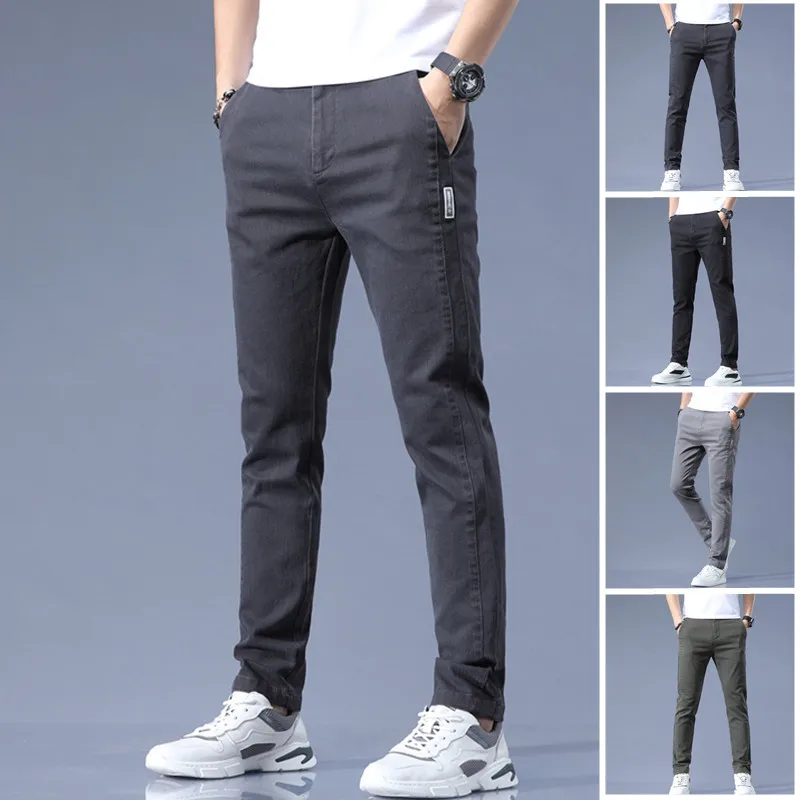 

2022 Cotton Pants Mens Stretch Korean Casual Slim Fit Elastic Waist Jogger Business Classic Trousers Male Black Gray Blue 28-38