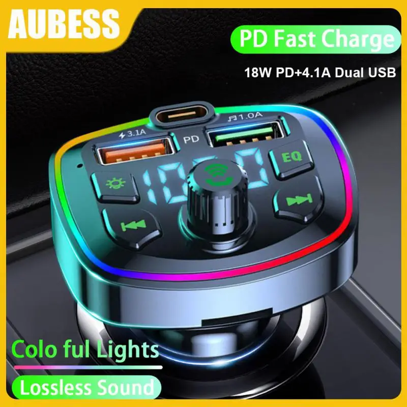 

3.1a Colorful Ambient Light Dual Usb Pd 18w Type-c Mp3 Music Player Hands-free Fast Charging Car Accessories Cigarette Lighter