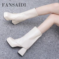 fansaidi woman fashion new sexy square toe beige pure color platform waterproof block heels clear heels boots 40 41 42 43
