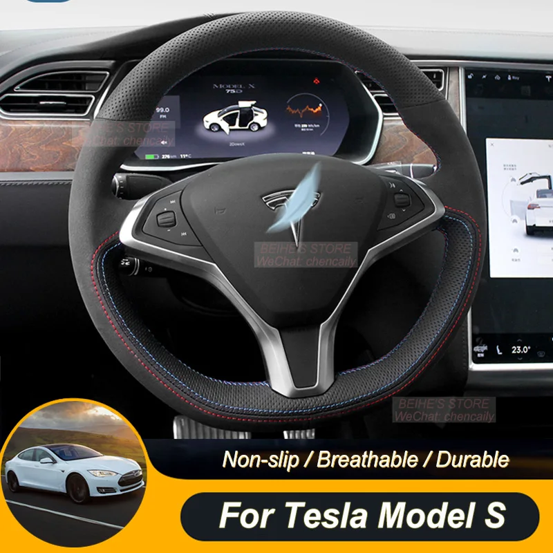 Customized Non-slip Durabl Black Perforated Leather Black Suede Car Steering Wheel Cover Wrap For Tesla Model S Model X