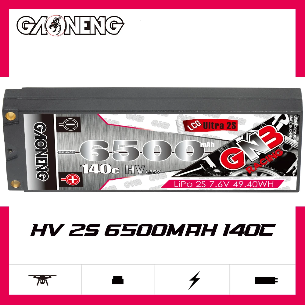 Gaoneng GNB 6500mAh 2S1P 7 6 V 140C Hardcase LCG Ultra 2S 5 0mm Bullet Through HV LiPo Battery XT60 For 1/10 RC Racing Car |