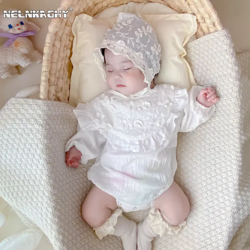 

2023 autumn newborn baby girls full sleeve embroidery flower ruched one-piece infant kids cotton jumpsuits toddler bodysuit+hat
