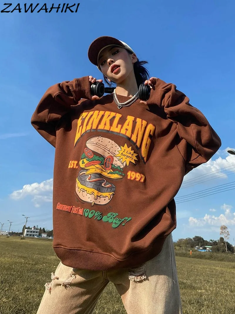 

Американский винтажный пуловер с капюшоном, Свитшот оверсайз с принтом гамбургеров, уличная одежда в стиле хип-хоп, свободные футболки с дл...