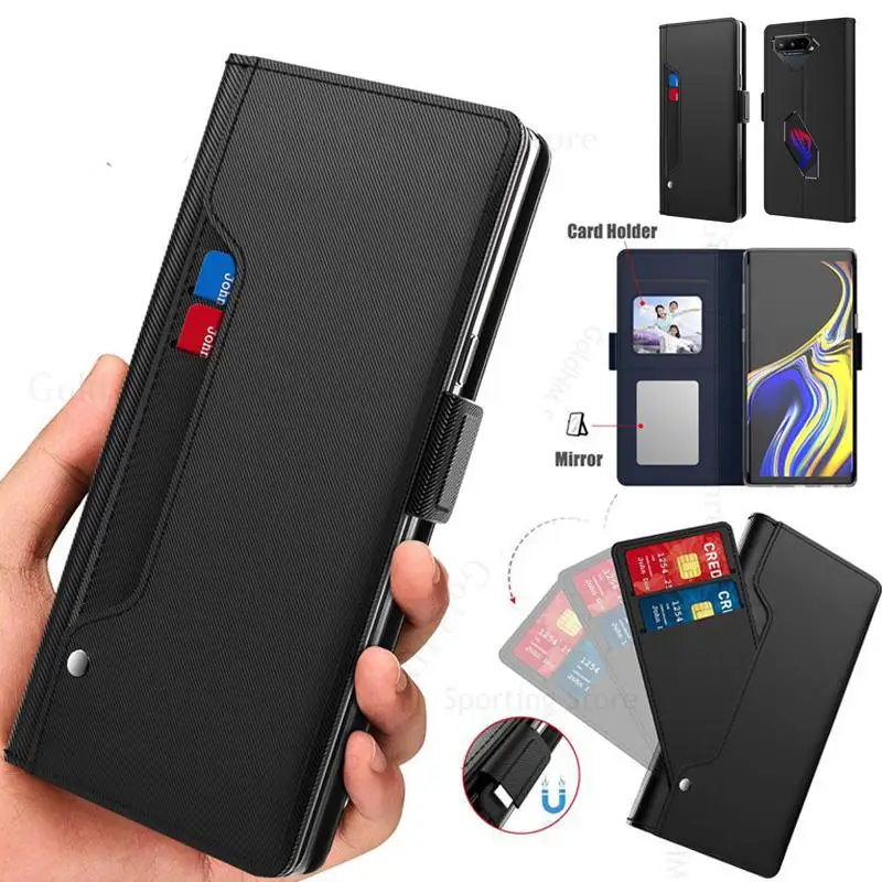 

Funda For Asus ROG Phone 6 Pro Magnetic Flip Kickstand Leather Phone Case For Rog Phone 5 6 Pro Card Holder Wallet Mirror Cover
