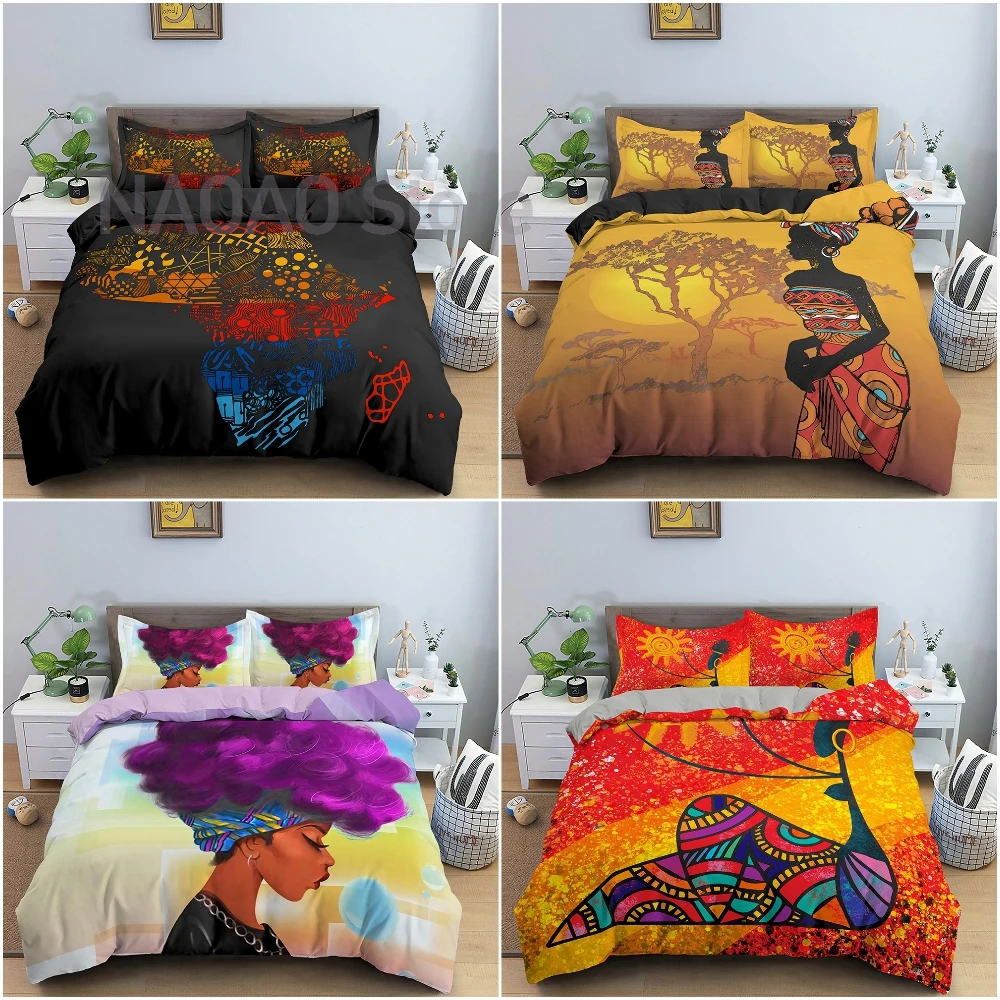 Ropa de cama de dibujos animados para niña, juego de cama de tamaño completo de África, decoración de dormitorio de mujer africana, funda de edredón con funda de almohada