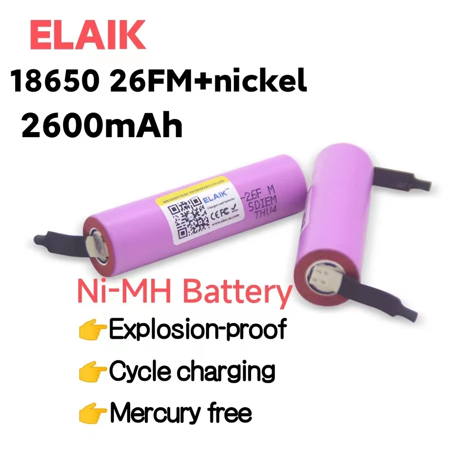 

Перезаряжаемый литий-ионный аккумулятор ELAIK INR18650 26F 20A, перезаряжаемый литий-ионный аккумулятор 2600 мАч, никелевый аккумулятор