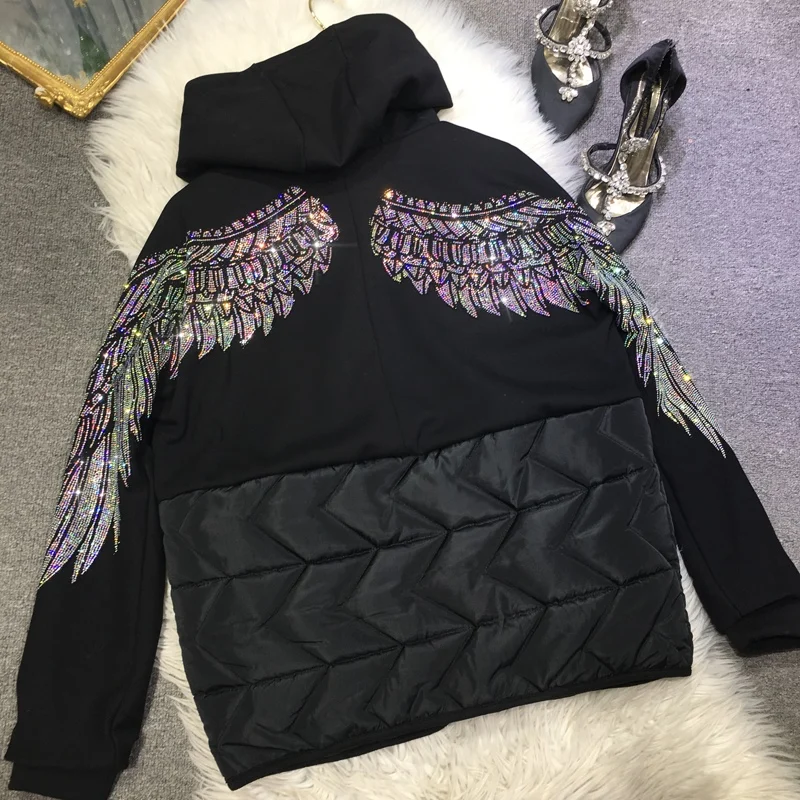 Colorblock Hot Drilling Wings Women Cotton-padded Coat Trendy Autumn Winter Black Hooded Parkas Streetwear Black Wadded Jacket