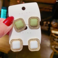 delicate crystal green square earrings new ins girl