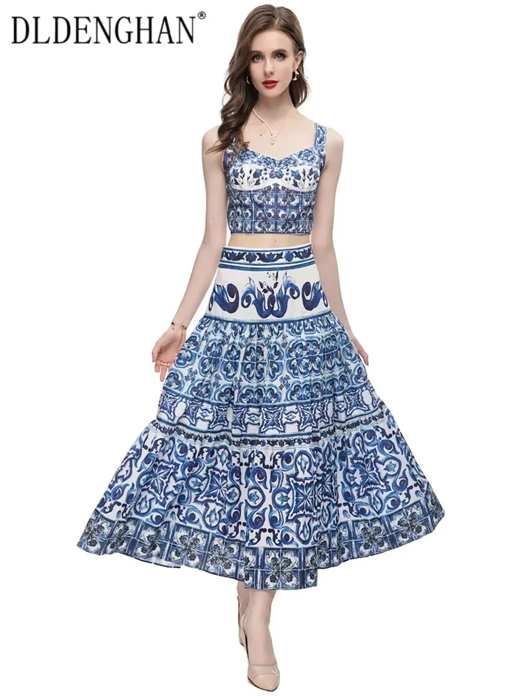 

Костюм DLDENGHAN женский с открытой спиной, короткий топ и длинная юбка, модельный комплект из двух предметов для отпуска с синим принтом, весна-лето