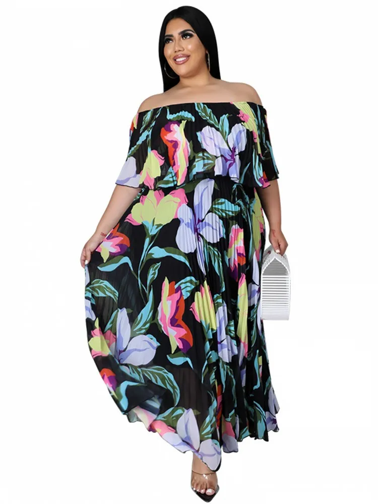 

Floral Print Maxi Long Women Dress Beach Party Holiday Robes Summer Off Shoulder Pleated Chiffon Dress Vestido Elegante Chic