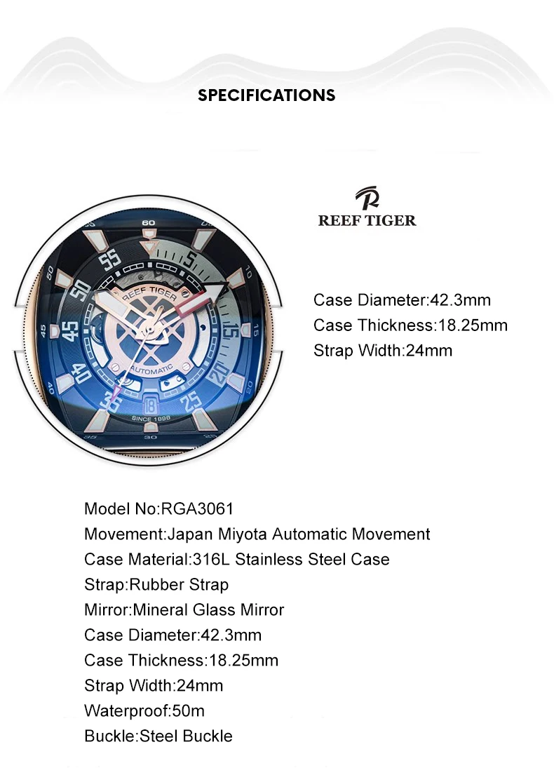 Мужские автоматические часы Reef Tiger 42 3 мм спортивные механические наручные корпус
