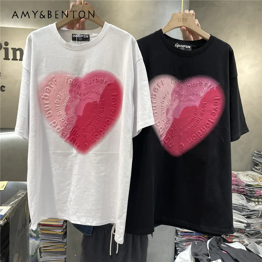 

Новинка лета 2023, Милая футболка среднего размера с трехмерными буквами и принтом сердца, хлопковые футболки с коротким рукавом для женщин