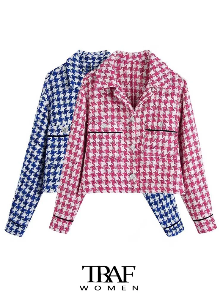 

TRAF Women Fashion With Rhinestone Buttons Tweed Jacket Coat Vintage Long Sleeve Front Pockets Female Outerwear Chic Tops