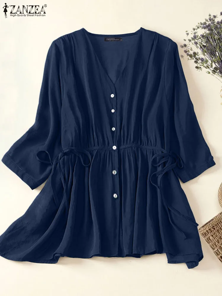 

Fashion Women Short Sleeve Shirts Summer Office Lady Tops Tunic ZANZEA Oversized Casual Solid Pleated Blusa Femininas Chemise