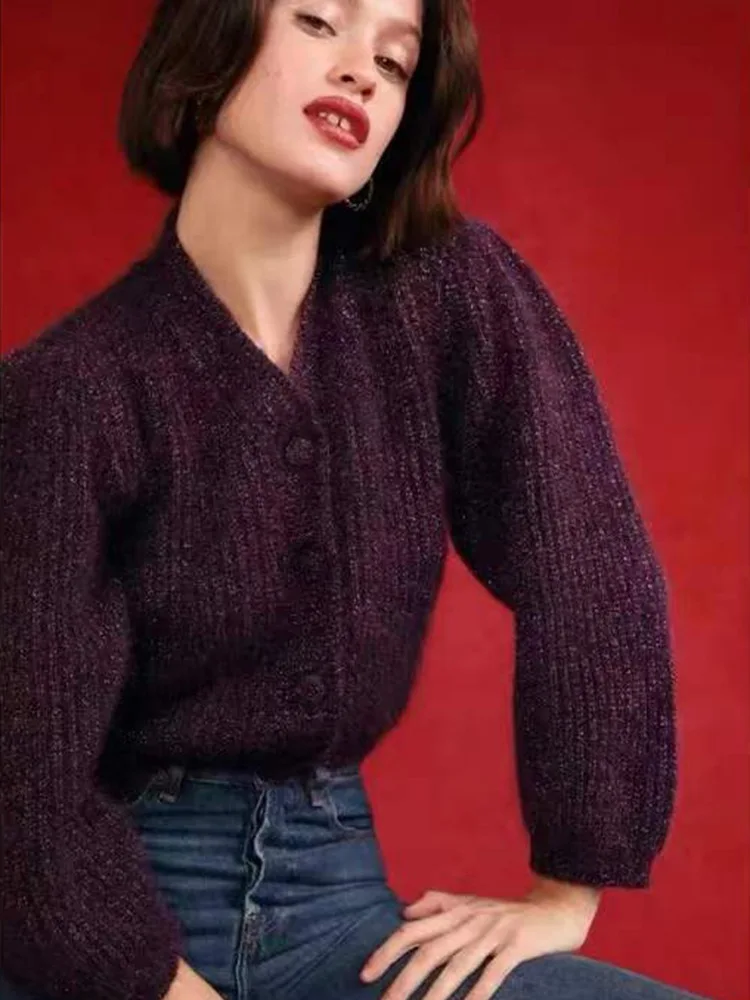 Женский мохеровый свитер с пышными рукавами Кардиган длинным рукавом Осень-зима