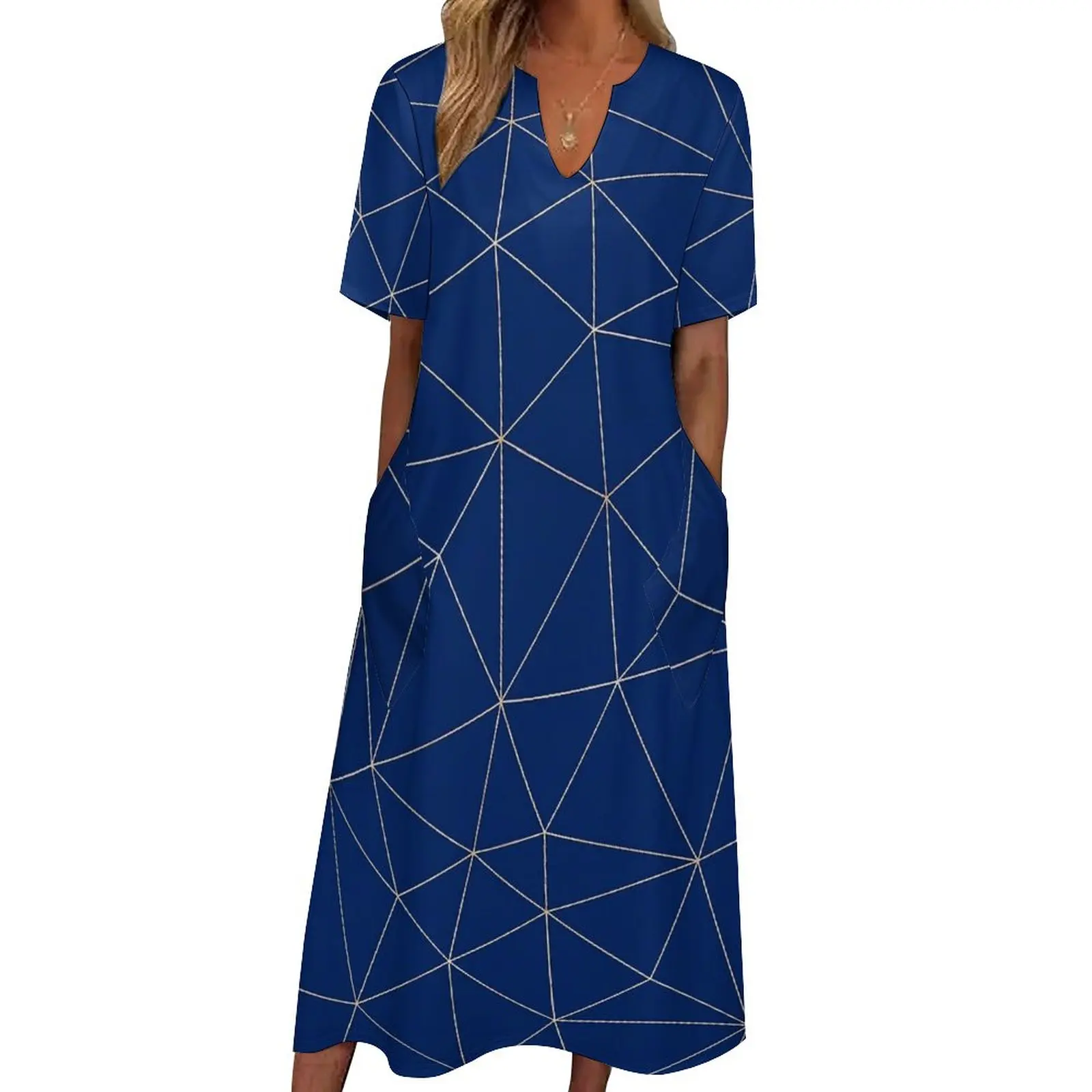 

Geo Print Dress Blue Lines Cute Maxi Dress Aesthetic Bohemia Long Dresses Female Short Sleeve Design Oversized Vestido