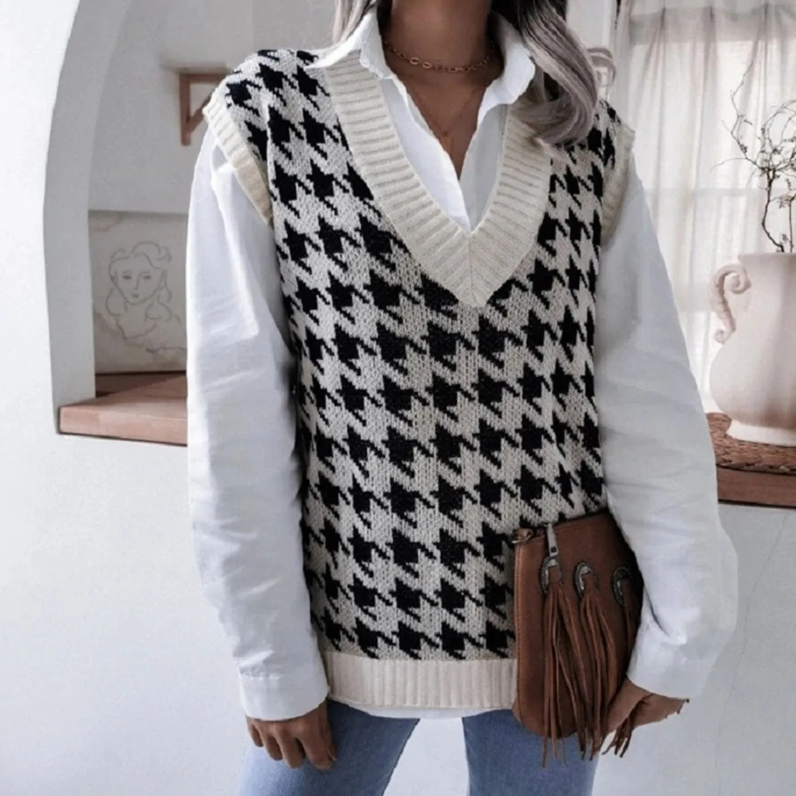

Houndstooth Plaid Sweater Vest Women Casual Knitted V-Neck Tank Top Clothing Female Clothing Korean Style Spring Autumn Clothes