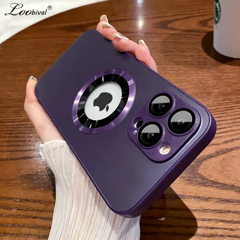 

Magnetic For Magsafe Logo Hole Case for iPhone 14 Pro Max Plus 13 pro AG Wireless Charge Frosted Glass Lens Film Protector Cover