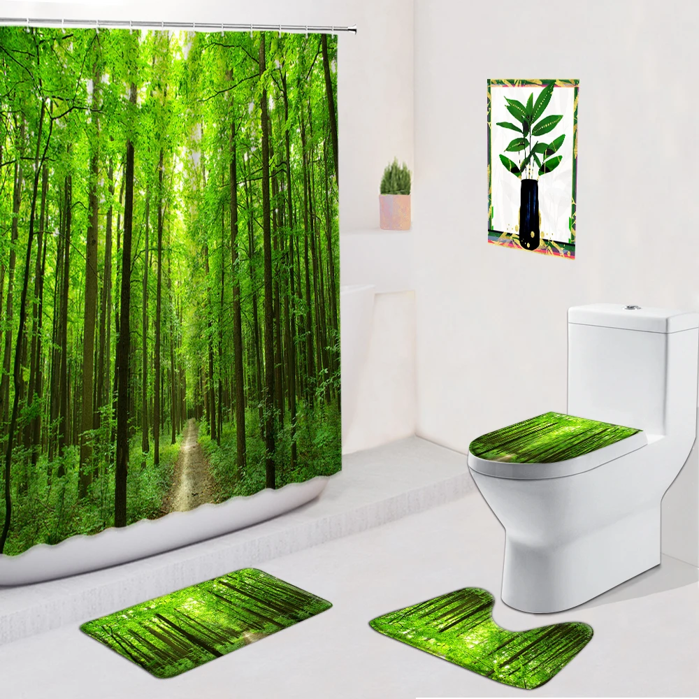 

Green Forest Shower Curtain Bath mat four-piece Set Natural Wood Scenery Bath Curtain Bath Rug U-shaped Pad Toilet Cover Carpet