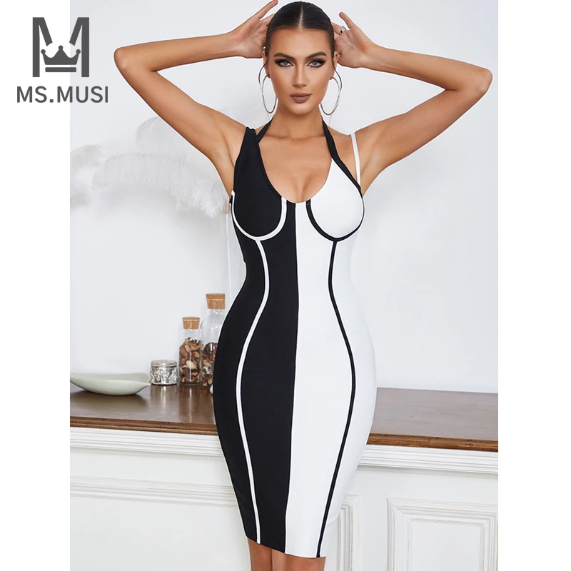 

MSMUSI 2022 New Fashion Women Sexy Strap Halter Stripe Patchwork Bodycon Sleeveless Backless Party Club Bandage Midi Dress