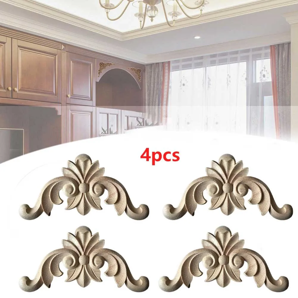 

4pcs Wooden Carved Corner Appliques Frame Wall Door Furniture Cabinets Applique Mouldings Decal DIY Woodcarving Home Decor