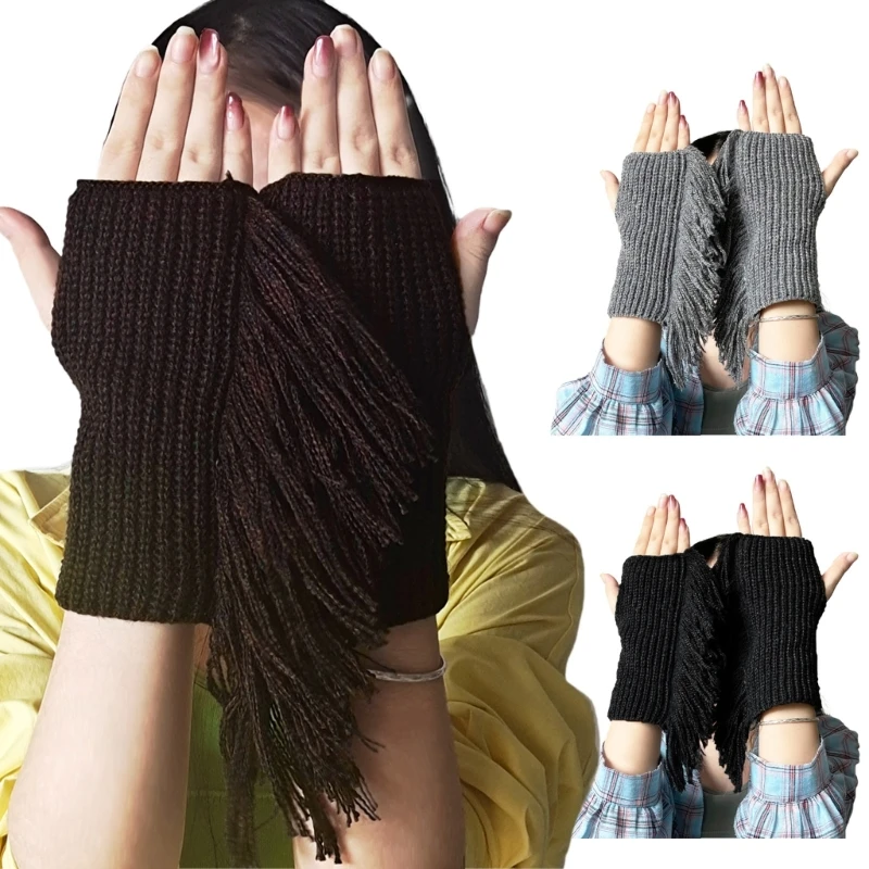 

F42F Keep Warm Half Finger Gloves Women Skiing Long Mitten with Tassels Decor