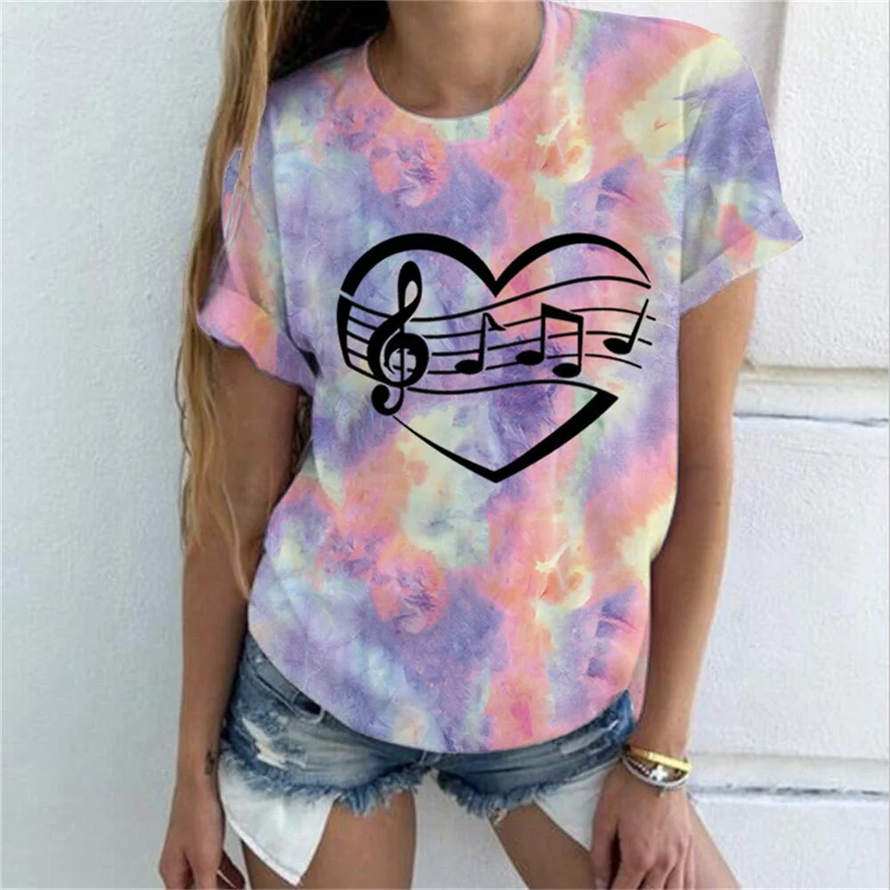 

3d Printing Tie-Dye Summer Cool Fashion Women'S T-Shirt Harajuku Outdoor Leisure Neckline Note Pattern Short-Sleeved Loose Comfo