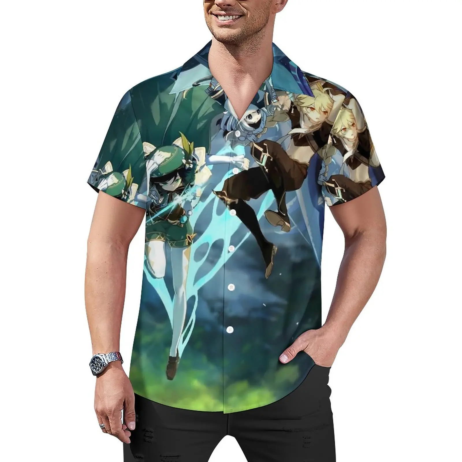 

Повседневная рубашка Genshin Impact, свободная рубашка для отпуска с аниме принтом, Гавайские модные блузки, дизайнерский Топ большого размера с коротким рукавом