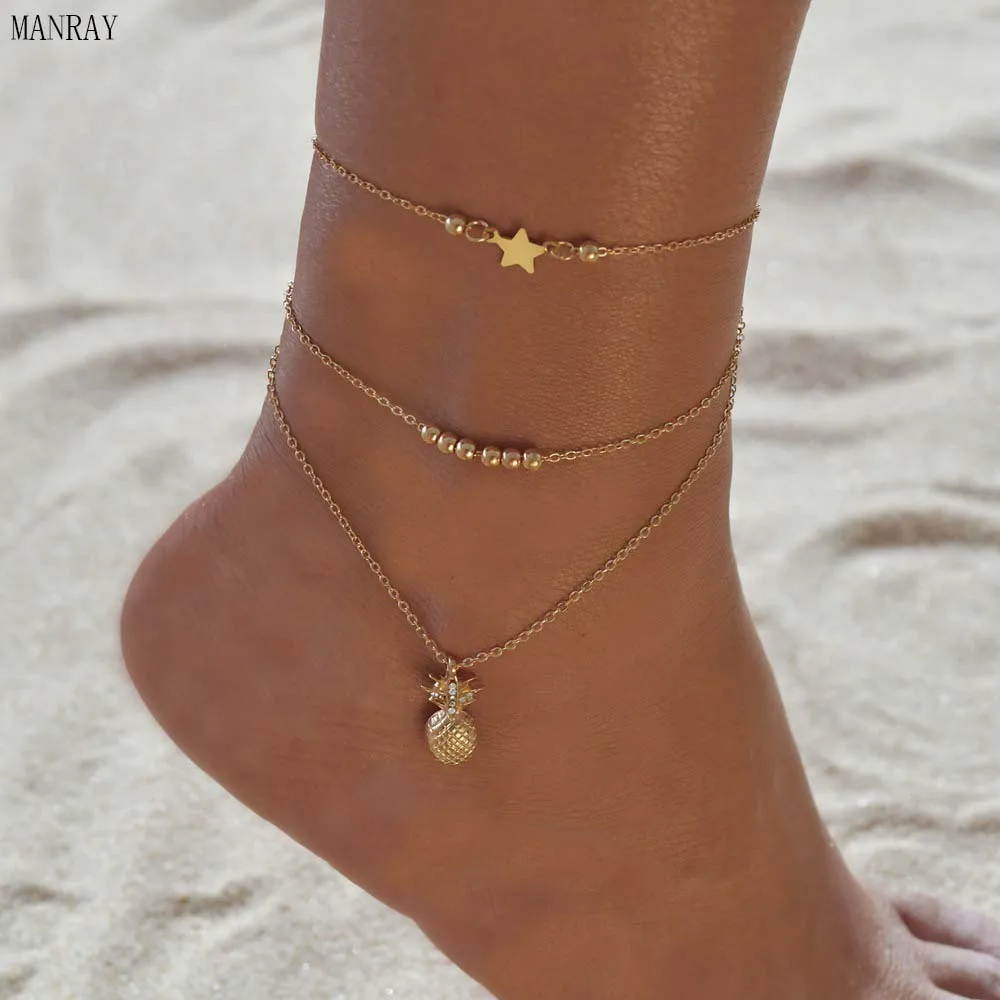 

MANRAY Fashion Summer Crystal Pineapple Anklets Female Barefoot Crochet Sandals Foot Jewelry Bead Ankle Chain For Women Shoes
