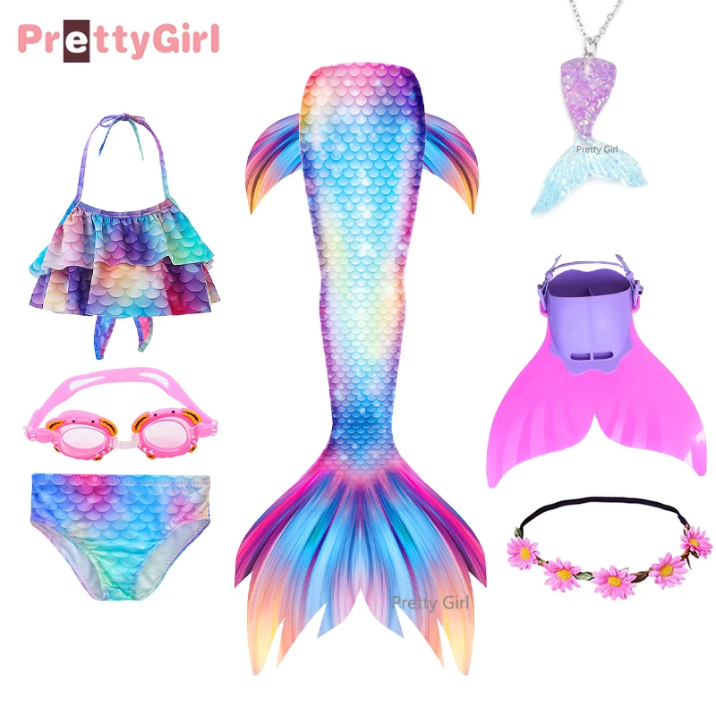 Kids Love Swimming Mermaid Tail with Bikini Costume Cosplay Swimsuit for Pool Party Swimmable Dress for Girls