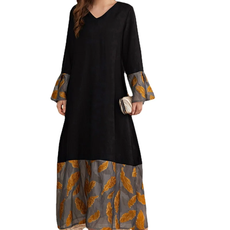 

Women Elegant Maxi Dresses 2022 Casual Flare Long Sleeve Patchwork Abaya Arabic Turkey African Evening Party Robe Vestido L- 4XL
