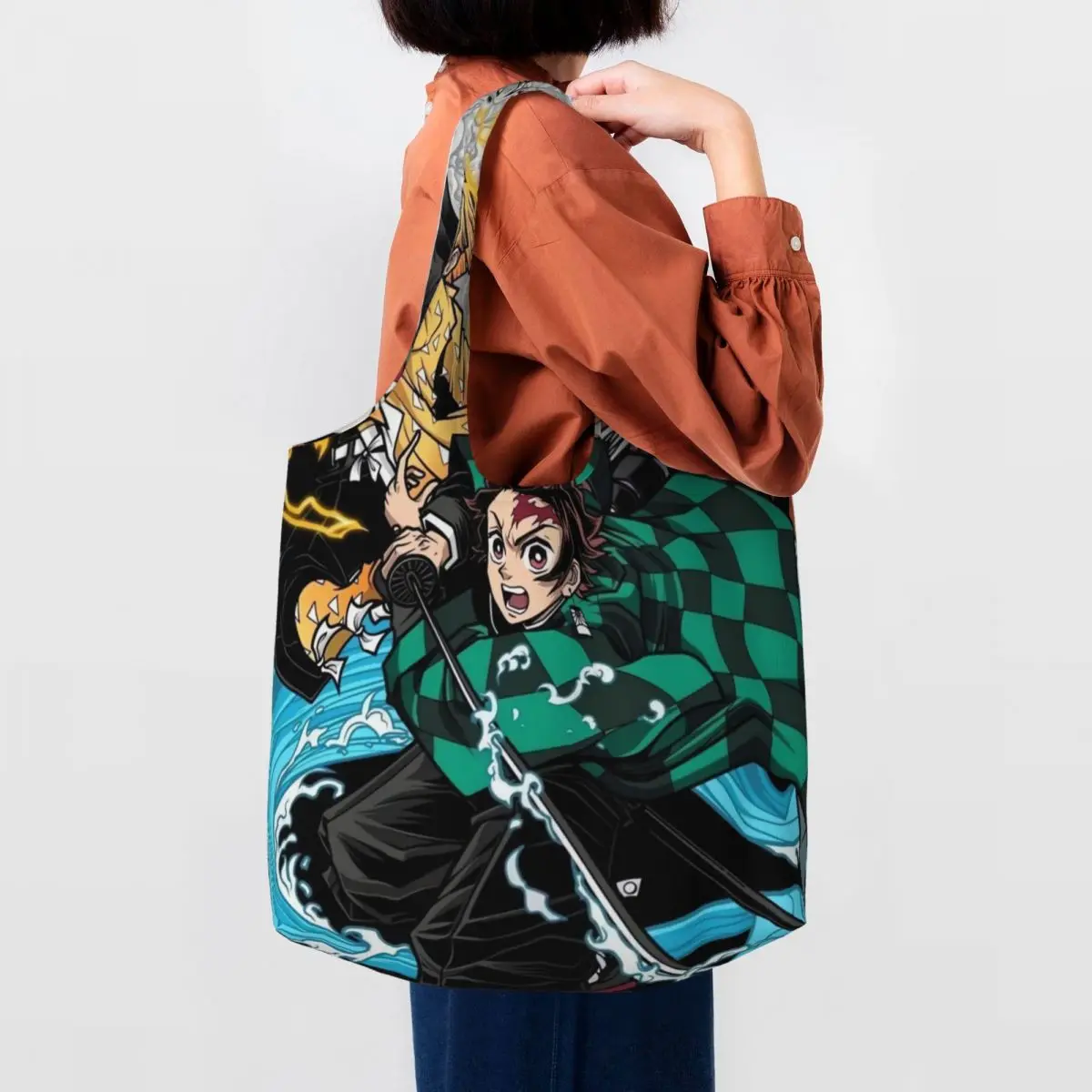 

Сумка-шоппер из аниме «рассекающий демонов», Женская дорожная тканевая сумочка-тоут с забавным принтом, сумка для покупок Kimetsu No Yaiba
