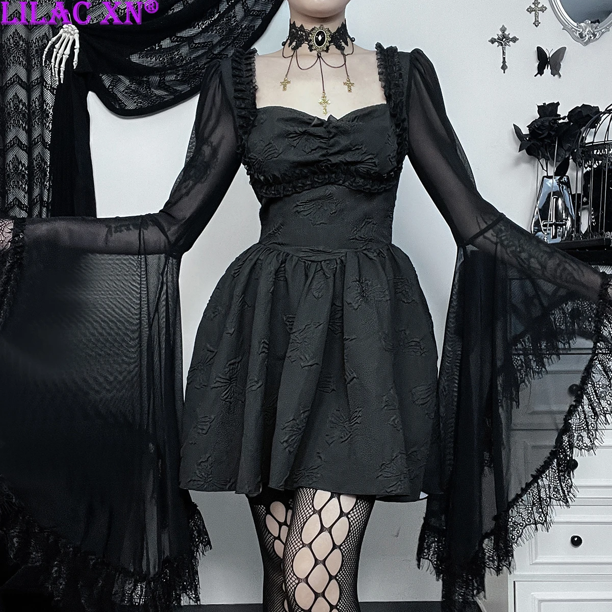 

Женское кружевное платье с длинным рукавом Goth, черное элегантное винтажное короткое платье-трапеция с V-образным вырезом, Y2K, новинка, мини-платья