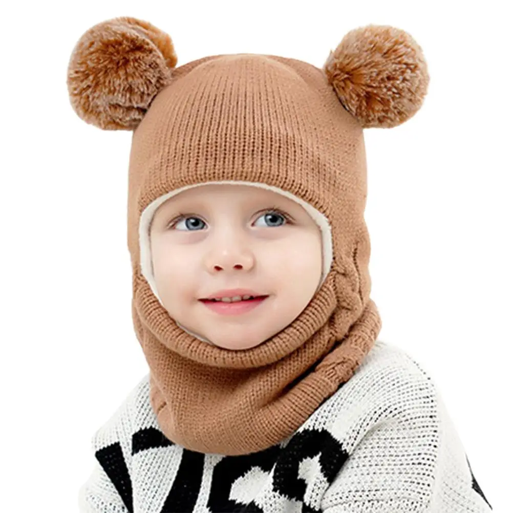 

Kids Winter Hat Scarf Set Knitted Hat Scarf Earflap Thick Fleece Lined Warm Hood Hat with Pompoms for Girls Boys
