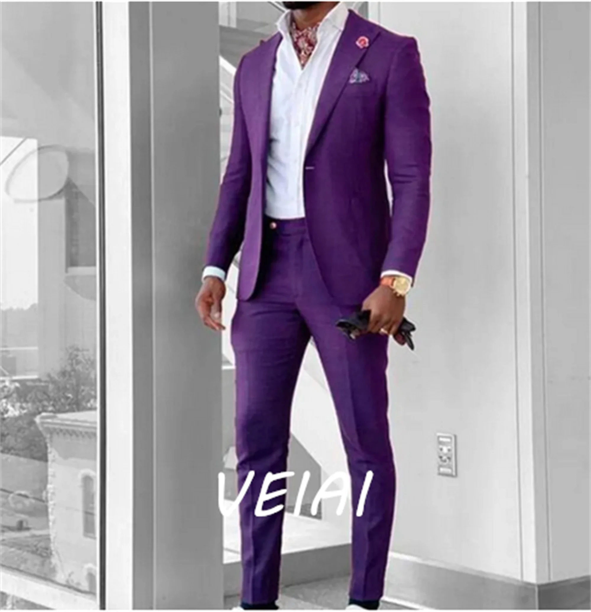 Peak Lapel Groom Wedding Set Purple Blazer Jacket Pants 2 Pieces Business Formal Classic Costume Slim Fit Terno