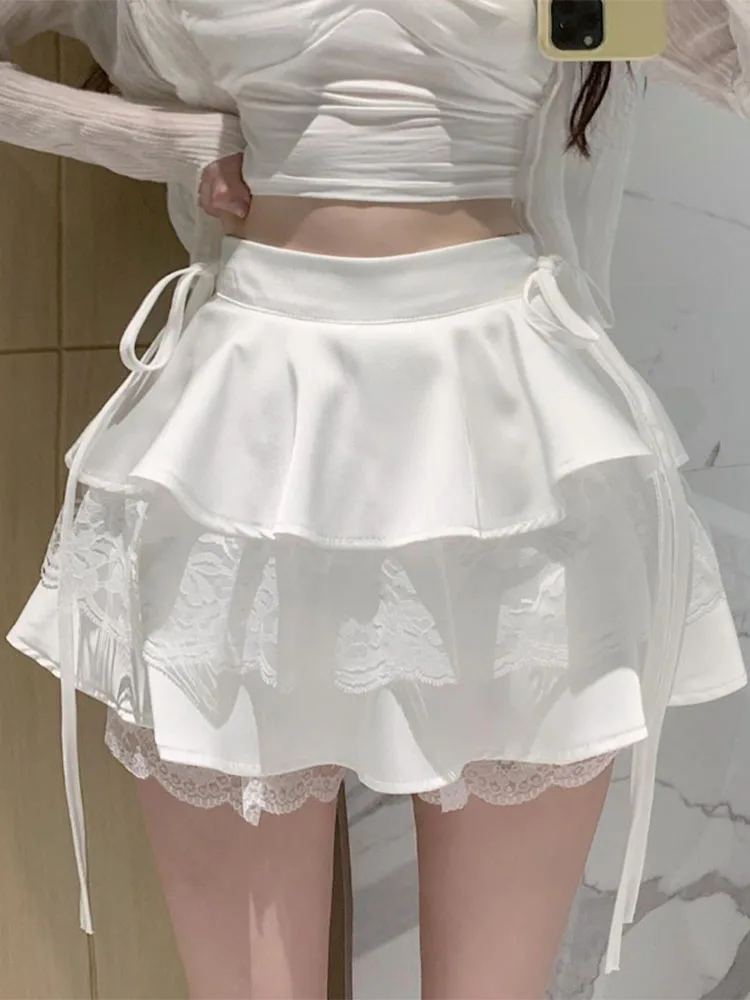 

Милая Белая Мини-юбка с оборками, женская модная Милая Короткая юбка в Корейском стиле, женская летняя бандажная кружевная двухслойная Привлекательная юбка с высокой талией