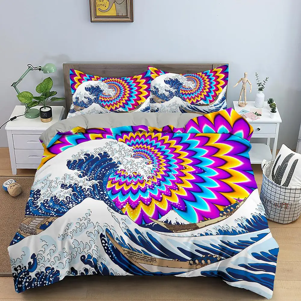 

Set for Kids Teens Adult King Size Abstract Blue Ocean Comforter Cover Waves Sailing Moon Polyester Bedding Set Wave Duvet Cover