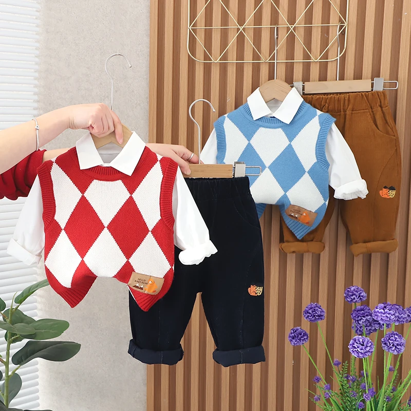 SJBB- 0-5 Years Old Spring Autumn Academic Style Warm Toddler Boys Three-piece Baby Clothes Children's Wear